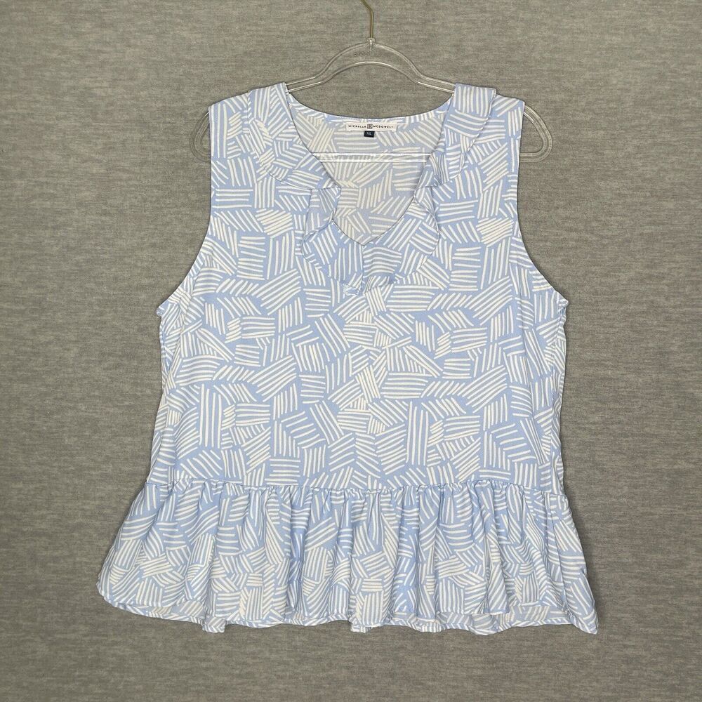 Michelle McDowell Peplum Top Size XL Blouse Ruffle Blue White Beach Coastal